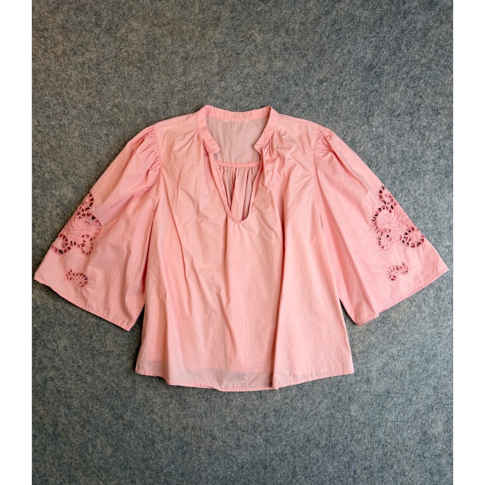Vintage Pink Cotton Eyelet Boho Cottage Top Womens S/M Oversized Romantic Blouse